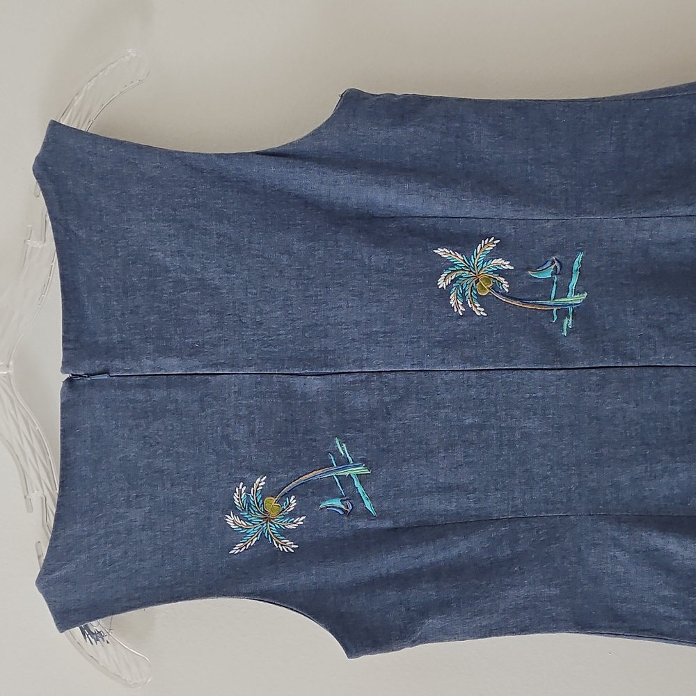 Kenji Sleeveless Chambray Midi Dress With Embroidered Palm Trees Size 6 - Picture 6 of 15